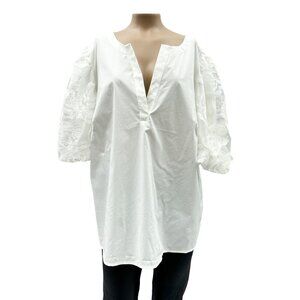 Marc New York White Puff Sleeve Blouse Embroidered Women 2X Tunic Cotton Stretch